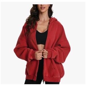 FAIABLE Unisex Double Zip Up Hoodie - Red Acid Wash - Small - new